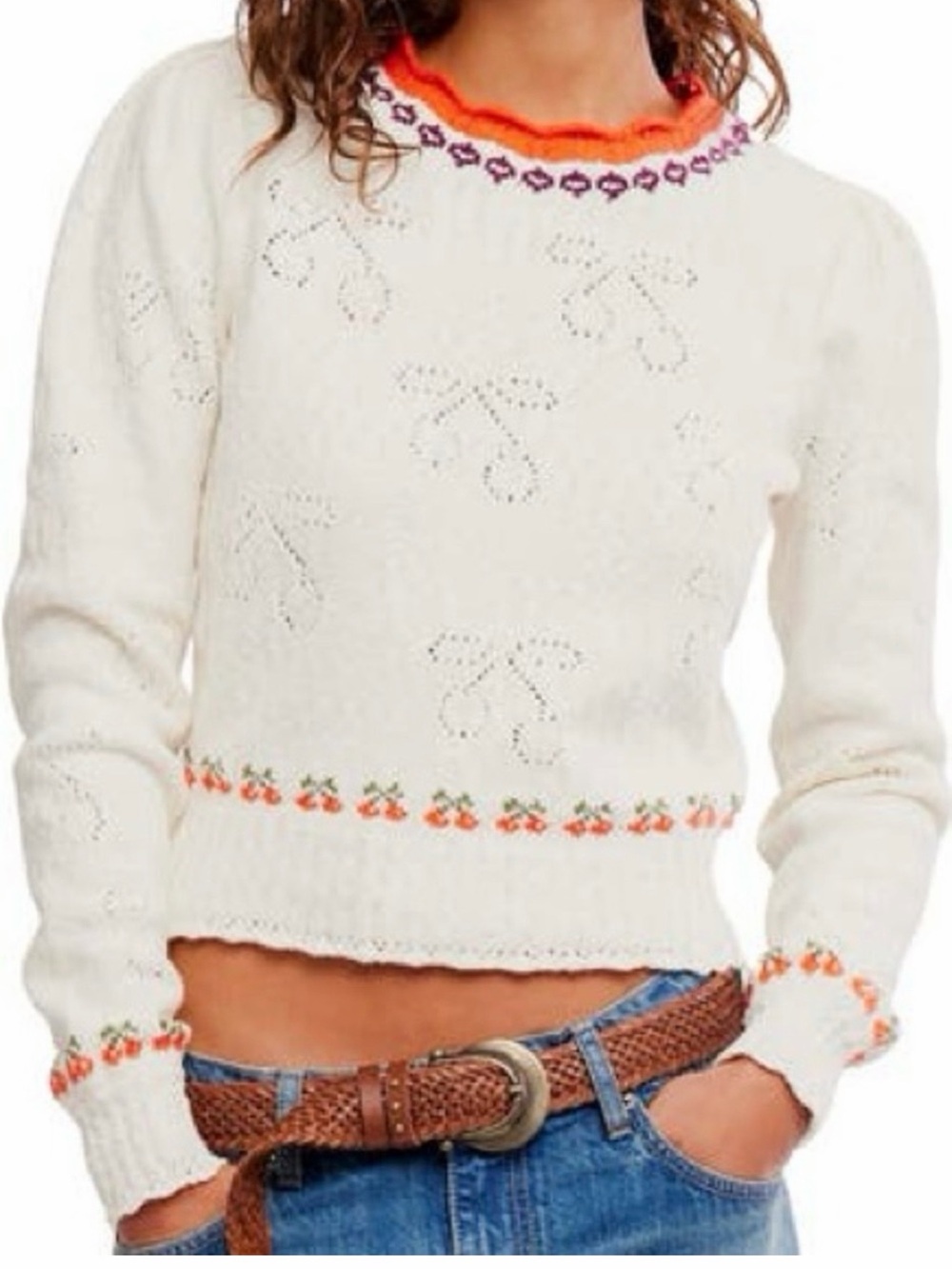 Free People Tilly Cherry Pointelle Knit Crop Sweater Size XS Boho Hippie Whimsy
